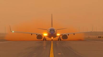 Aufkleber - Aircraft Landing During Intense Dust Storm with Glowing Orange Haze Surrounding Runway and Headlights Cutting Through the Airborne Dust Particles Immersive Realism Landscape