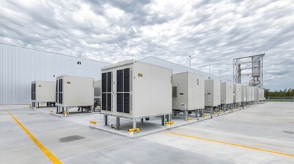 Poster - Aerial view of air conditioning units and cooling equipment installed in a large commercial food storage warehouse facility