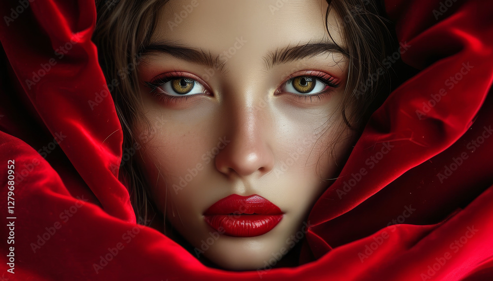 Face Model Red Stunning close-up portrait of beautiful woman girl face, snake eyes ...