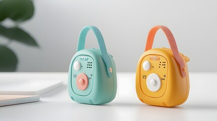 Poster - Brightly Colored Children s Walkie Talkie Set Placed on a White Surface Showcasing a Playful and Vibrant Toy for Communication and Imagination