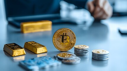 Poster - Businessman smiling and holding both a gold bar and a Bitcoin cryptocurrency coin indicating successful financial investments and profits