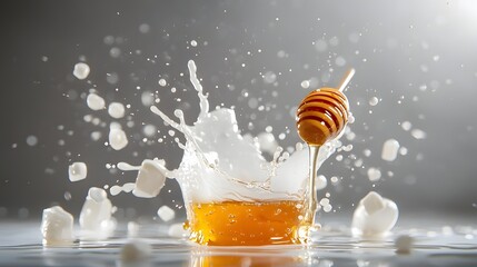 Aufkleber - Captivating macro photograph showcasing the dynamic collision and fusion of golden honey and creamy milk creating a visually striking and textural abstract composition
