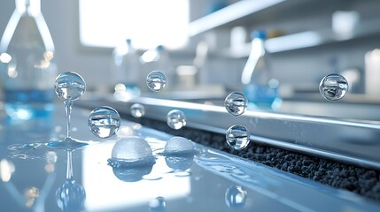Poster - Close up photograph showcasing water droplets passing through an activated carbon system highlighting the transparency reflection and scientific nature of the process