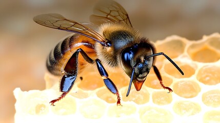Poster - Closeup shot of a golden striped honeybee hovering near a complex structured honeycomb filled with intricate hexagonal wax cells in a detailed nature scene