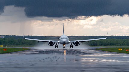 Aufkleber - Commercial Airplane Descending Onto Runway Amidst Heavy Rainstorm with Dramatic Dark Clouds and Cinematic Lighting in a High Detail Cinematic Scene