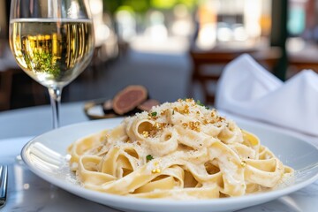 Wall Mural - A luscious plate of creamy fettuccine pasta garnished with cheese, paired with a glass of white wine, showcasing a delightful Italian dining experience.