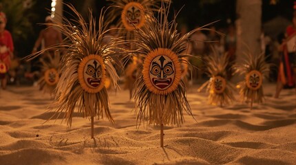 Aufkleber - A group of people standing on top of a sandy beach, illuminated by the warm glow of the setting or rising sun. They are adorned with decorative masks, and the background is slightly blurred, emphasizi