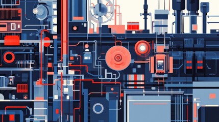 Poster - abstract industrial design featuring interconnected pipes, machinery, and vibrant colors