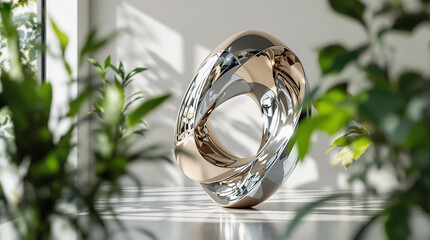 Aufkleber - A close-up shot of a silver ring placed on a reflective surface, surrounded by lush green plants. The background is slightly blurred, emphasizing the ring as the main subject.