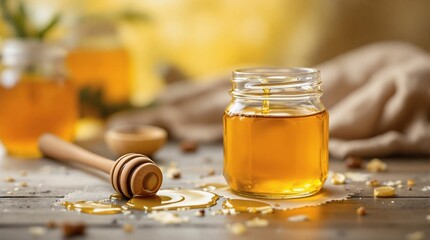 Aufkleber - A jar of honey with a wooden dipper, set against a blurred background. The honey is a golden-yellow hue, and the dipper is a dark brown. The wooden surface beneath the jar has a glossy sheen, reflecti