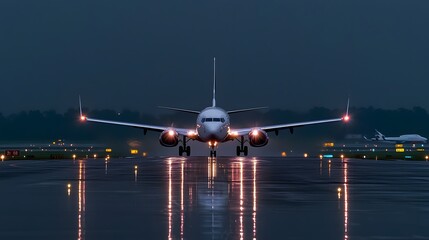 Poster - Dramatic Image of a Passenger Jet Illuminated by Emergency Strobes While Landing on a Wet Runway During a Stormy Night