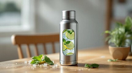 Poster - A stainless steel water bottle filled with water and slices of lime, placed on a wooden surface alongside a potted plant. The background is slightly blurred, revealing a chair and a window, suggesting