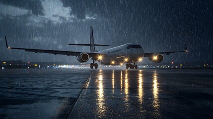 Aufkleber - Dramatic night scene of an airplane approaching the runway under a heavy rainstorm with reflections of the runway lights shimmering on the wet tarmac creating a cinematic and moody atmosphere