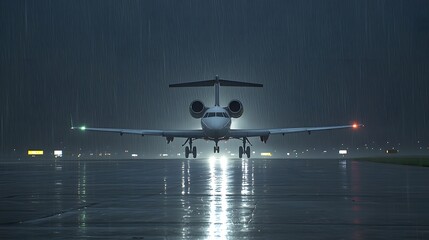 Aufkleber - Dramatic night time scene of a commercial passenger jet aircraft landing in heavy rain with its emergency strobes illuminating the wet runway and ground below