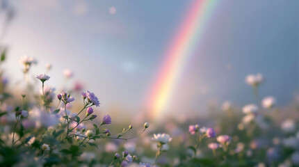 Aufkleber - A field of vibrant purple flowers with a vivid rainbow arching across a backdrop of a clear blue sky.