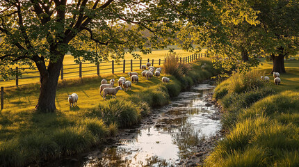 Aufkleber - A serene pastoral scene captured during what appears to be the golden hour, with a gentle stream running through a lush green meadow dotted with sheep. The meadow is illuminated by the soft light of t