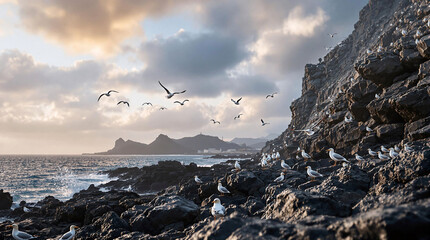 Fototapete - A flock of seagulls perched atop a rocky outcrop, overlooking the vast expanse of the ocean. The sky above is painted with hues of blue and white, suggesting either dawn or dusk. The water reflects th