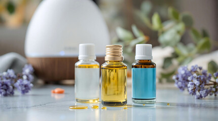 Poster - A still life photograph featuring three bottles of essential oils, each with a distinct color, placed on a surface surrounded by flowers. The background is slightly blurred, emphasizing the bottles an