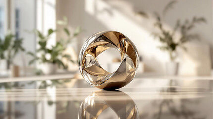 Aufkleber - A polished, golden ring placed on a reflective surface, surrounded by a blurred background with plants and a wall.
