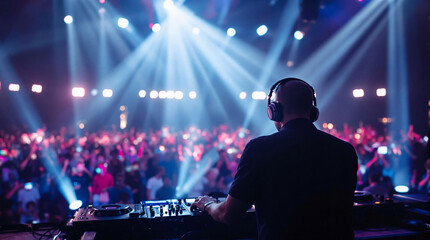 Aufkleber - A DJ in a black shirt and headphones, engrossed in mixing tracks at a vibrant, lively concert. The scene is illuminated by a myriad of lights, casting a radiant glow on the DJ and the audience, creati