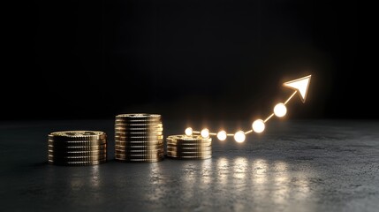 Aufkleber - Glowing Arrow Pointing Up Beside Stacked Gold Coins and Bullion Symbolic of Financial Growth Investment Success and Prosperous Business Strategy  Concept of Wealth Savings