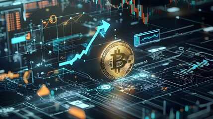 Poster - Glowing Bitcoin Cryptocurrency Coin with Green Upward Arrow and Dynamic Market Graphs and Charts Depicting Financial Growth and Investment Potential
