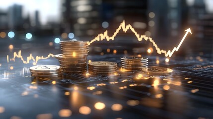 Poster - Golden coins and bullion stacks displayed with a glowing upward pointing arrow symbolizing the growth and potential of financial investments and market success