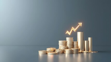Aufkleber - Golden coins and bullion stacks with a glowing upward pointing arrow symbolizing financial growth investment opportunity and the prospect of increasing wealth and prosperity