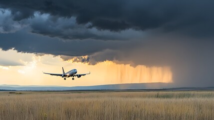 Aufkleber - Jetliner descending to land during a vibrant sunset with a mix of golden light and ominous dark thunderclouds in the distance and a rain curtain visible across the landscape