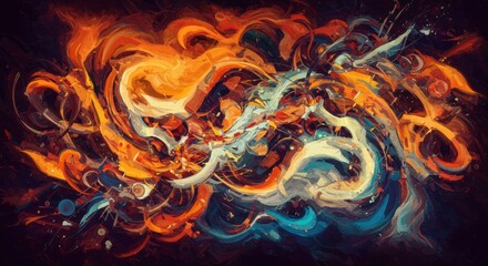 Poster - abstract elemental dance: a vibrant composition of swirling orange and blue elements, reminiscent of