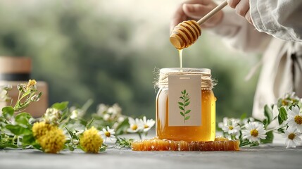 Poster - Organic honey in a stylish glass jar surrounded by fresh blooming flowers and beeswax on a rustic wooden background  Healthy natural food ingredient with a homemade artisanal feel