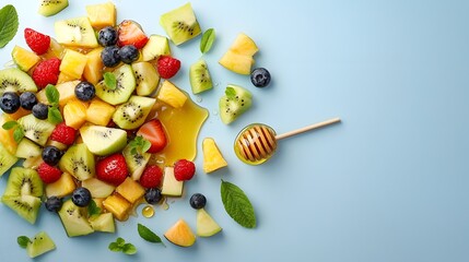 Poster - Overhead view of a bowl filled with a colorful fruit salad made with various fresh produce like berries kiwi pineapple and mango drizzled with a touch of honey for a sweet and appetizing appearance