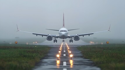 Aufkleber - Passenger jet aircraft emerging from dense fog during final approach and landing with runway lights barely visible through the moody atmospheric conditions