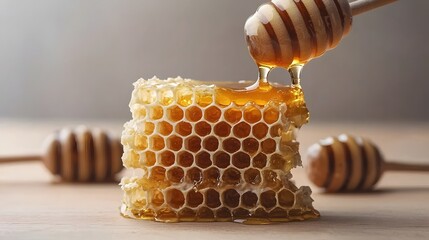 Aufkleber - photo of a stack of golden honeycomb dripping with rich viscous honey  The image showcases the intricate hexagonal patterns and textures of the comb along with the luscious flowing liquid honey