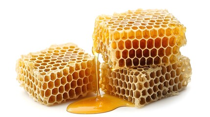 Poster - photograph showcasing a stack of golden honeycomb dripping with rich viscous honey  The image captures the intricate natural textures and depth of the honeycomb structure