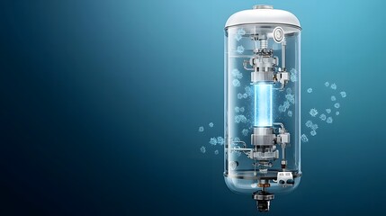Poster - photographic image depicting a modern sleek ultraviolet water purification system that emits powerful ultraviolet light to effectively eliminate bacteria viruses