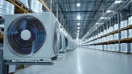 Poster - Rows of air conditioning units installed in a vast climate controlled food storage warehouse facility maintaining optimal temperature and humidity for efficient inventory management and preservation