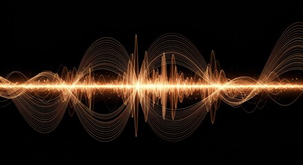 Aufkleber - Golden Sound Waves: A mesmerizing display of golden sound waves pulse and undulate against a deep black background, symbolizing audio, music, and digital data.