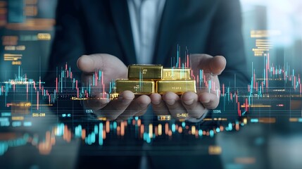 Poster - Successful Businessman Showcasing Growth Through Holding Gold Bars and Analyzing Market Charts Depicting Positive Trends and Increasing Profits