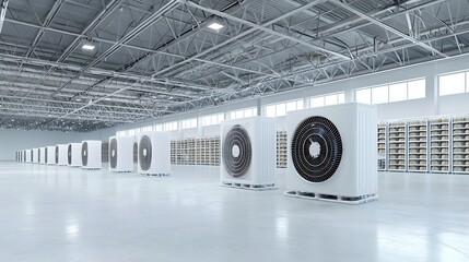 Fototapete - View of multiple large air conditioning units and cooling systems installed inside a spacious well lit commercial food storage warehouse facility