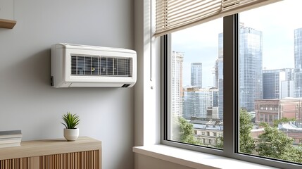 Aufkleber - Window air conditioning unit installed in a modern urban apartment with a cityscape view through the large window