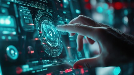 Poster - cybersecurity expert uses a finger to navigate a futuristic holographic interface displaying data an