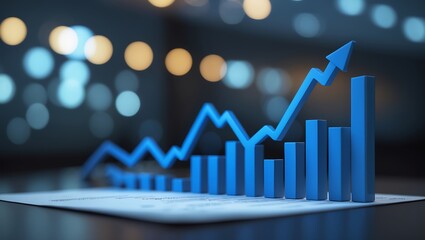 Poster - Rising trends shown in a blue graph illustrating growth and success in a corporate setting at night