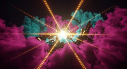 Poster - Celestial Burst: An ethereal spectacle unfolds with a brilliant burst of light at the center, radiating outwards through a mesmerizing display of neon-colored clouds.
