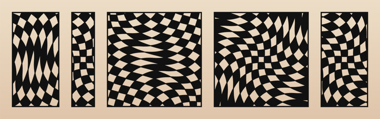 Aufkleber - Laser cut patterns set. Vector template with abstract geometric texture, distorted checkered grid, groovy shapes. Decorative stencil for CNC cutting of wood, metal, paper. Aspect ratio 1:4, 1:1, 1:2