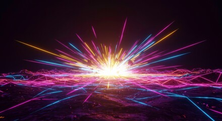 Aufkleber - Digital Burst: A vibrant burst of light and energy illuminates a digital landscape, featuring colorful lines and a futuristic aesthetic. 