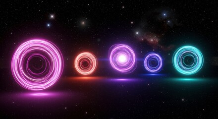Poster - Cosmic Energy Rings: A mesmerizing display of vibrant, glowing energy rings aligned against the backdrop of a starlit universe, evoking a sense of otherworldly wonder and cosmic phenomena.