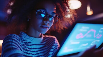 Poster - young woman wearing glasses and analyzing cybersecurity data on a digital tablet in a dimly lit room