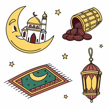 Ramadan Kareem colored icons set isolated on white background. Arabic muslim culture vector icons. Vector Illustration for Eid Mubarak holiday design. All isolated and layered