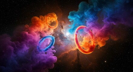 Poster - Cosmic Rings of Color: Abstract artwork depicting colorful rings with vibrant hues swirling amidst a starry cosmic backdrop.